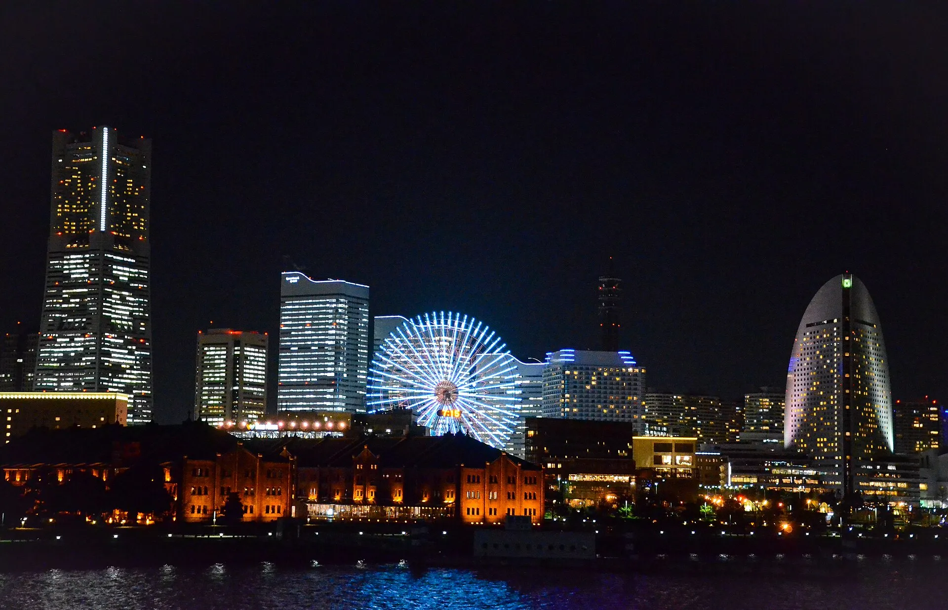 Yokohama harbour skyline at night